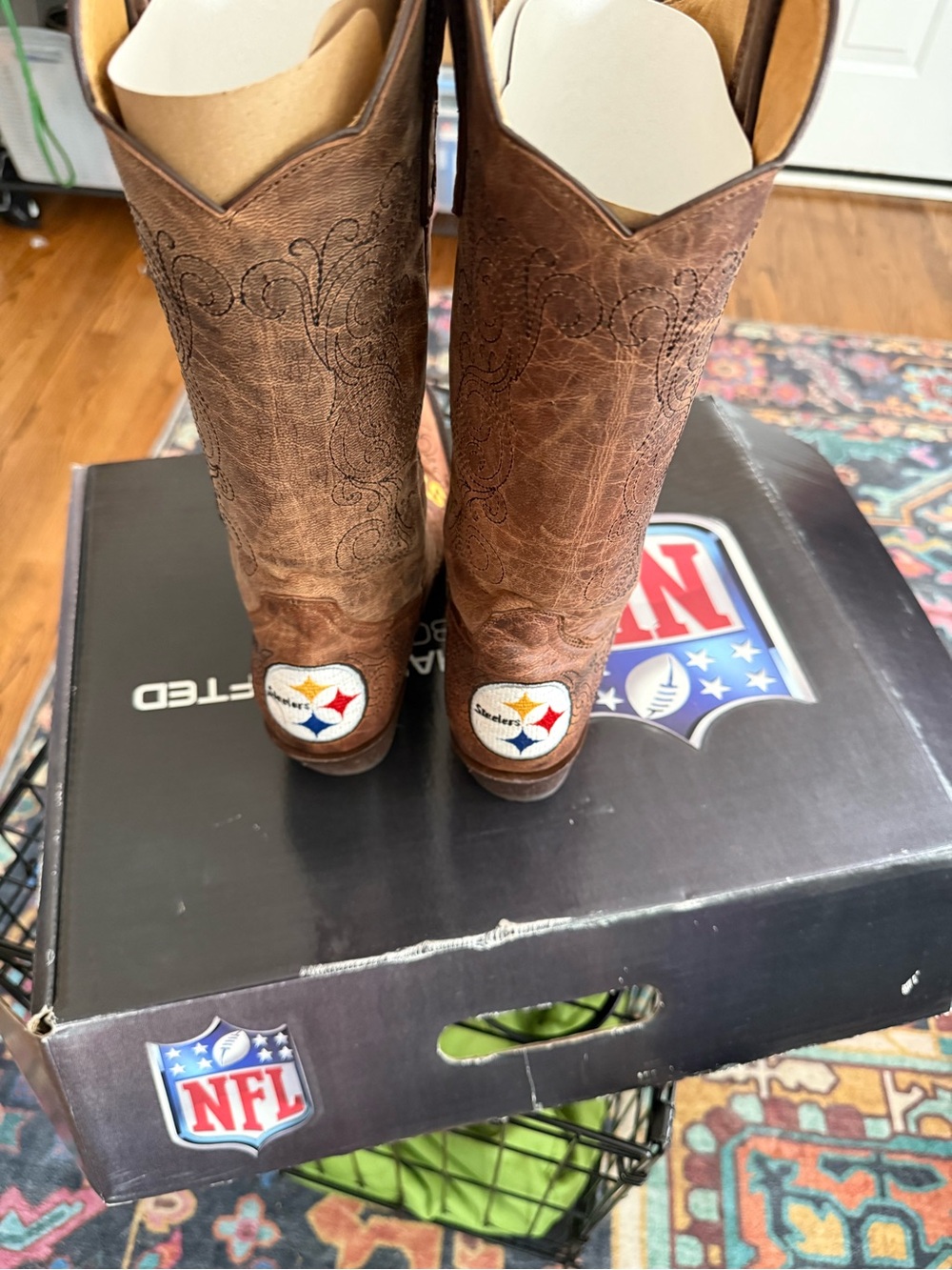 WmSz 10 Old Pro Leather Pittsburgh Steelers Tan Brown Cowboy Boots-Official NFL - Picture 3 of 9